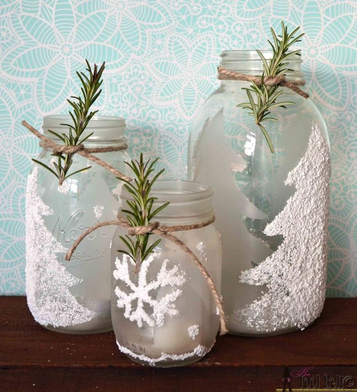 Frosted winter themed mason jar candle holders with epsom salts