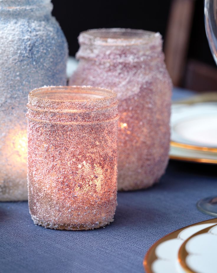 Mason jars rolled in glitter and epsom salts