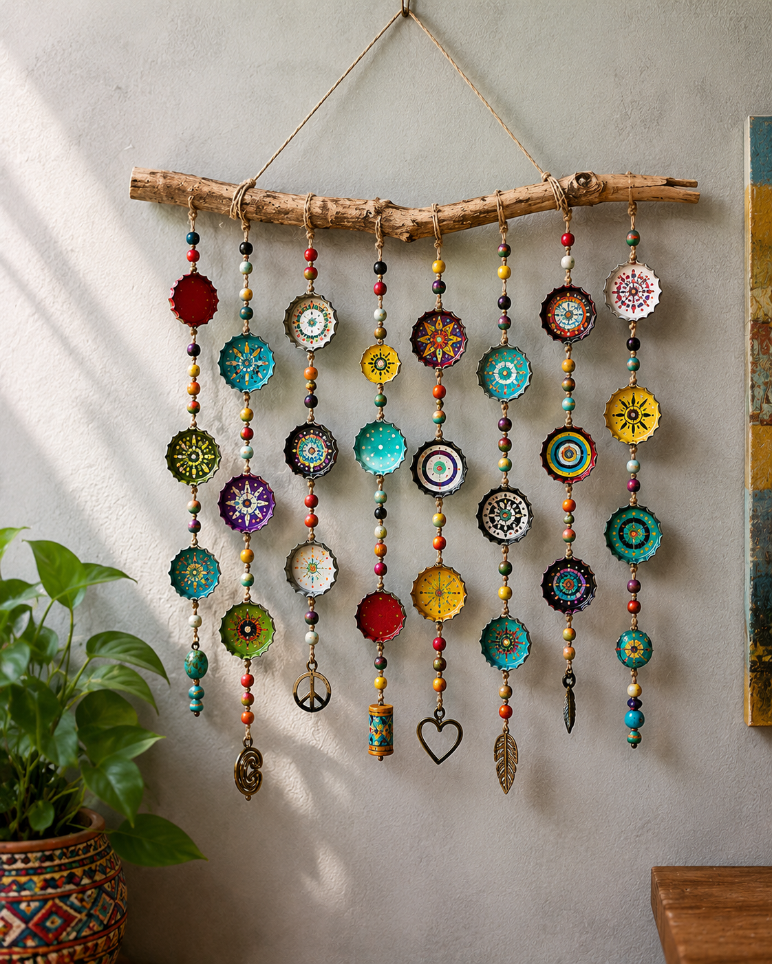 Móvil colorido hecho a mano con tapas de botellas: una idea DIY para decorar reciclando Móvil colorido hecho a mano con tapas de botellas: una idea DIY para decorar reciclando Movil colorido hecho a mano con tapas de botellas 1