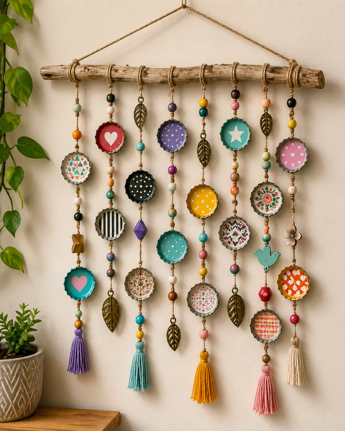 Móvil colorido hecho a mano con tapas de botellas: una idea DIY para decorar reciclando Móvil colorido hecho a mano con tapas de botellas: una idea DIY para decorar reciclando Movil colorido hecho a mano con tapas de botellas 2