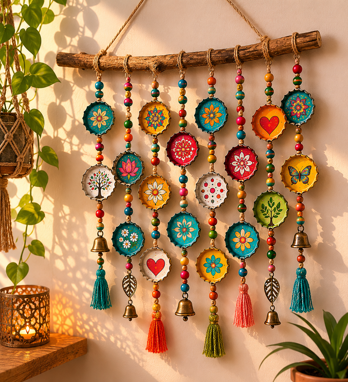Móvil colorido hecho a mano con tapas de botellas: una idea DIY para decorar reciclando Móvil colorido hecho a mano con tapas de botellas: una idea DIY para decorar reciclando Movil colorido hecho a mano con tapas de botellas 3