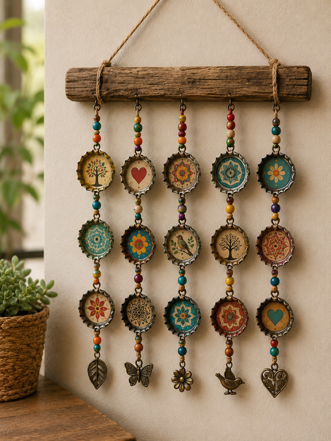 Móvil colorido hecho a mano con tapas de botellas: una idea DIY para decorar reciclando Móvil colorido hecho a mano con tapas de botellas: una idea DIY para decorar reciclando Movil colorido hecho a mano con tapas de botellas 4