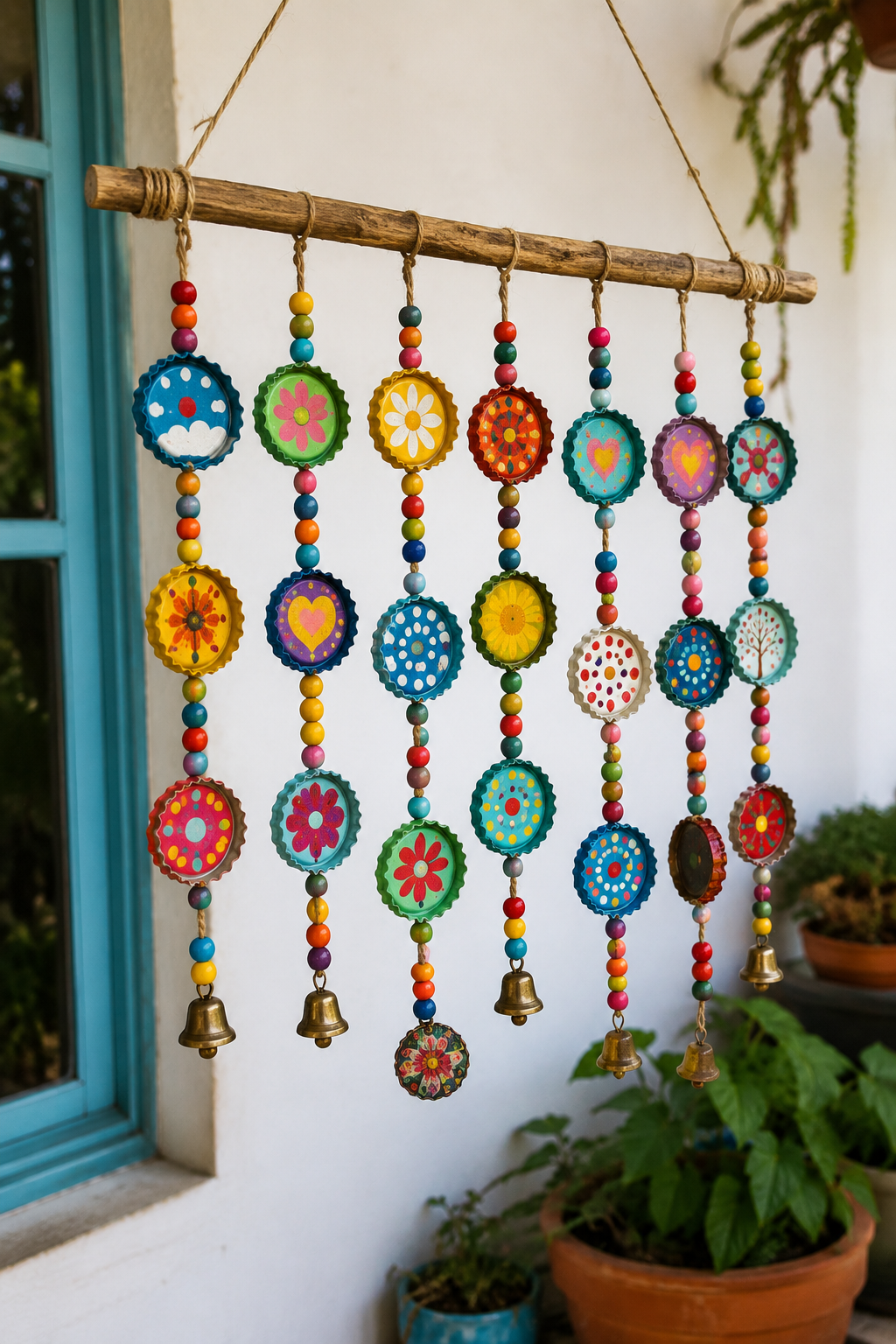 Móvil colorido hecho a mano con tapas de botellas: una idea DIY para decorar reciclando Móvil colorido hecho a mano con tapas de botellas: una idea DIY para decorar reciclando Movil colorido hecho a mano con tapas de botellas