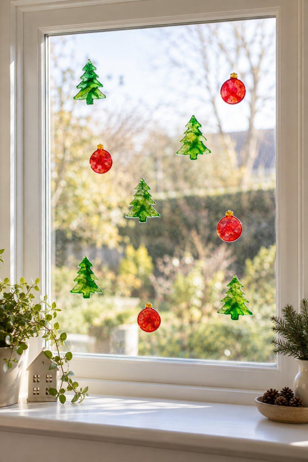 Figuras navide&ntilde;as transl&uacute;cidas de cola coloreada pegadas en una ventana interior