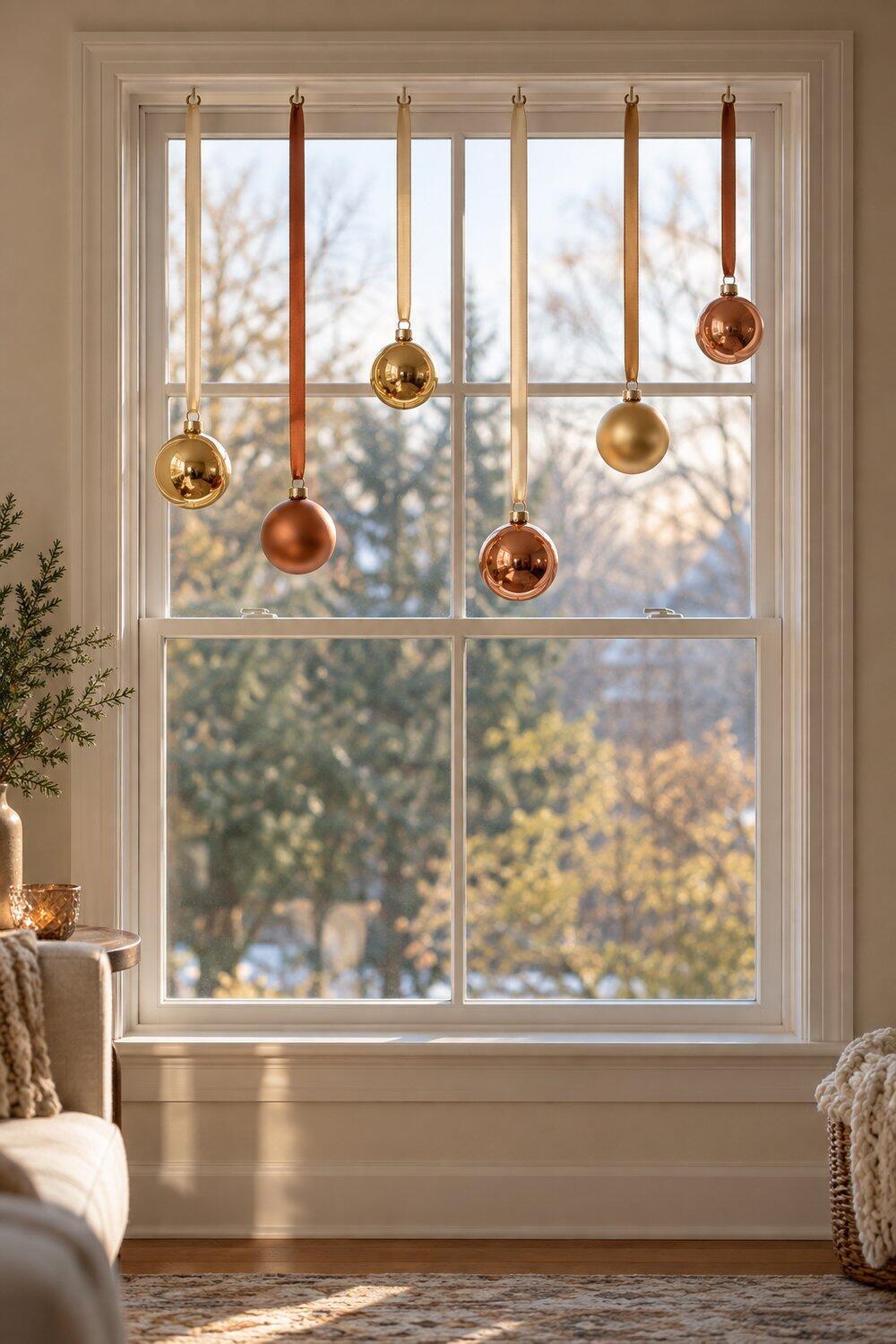 Bolas navide&ntilde;as met&aacute;licas suspendidas con cintas a distintas alturas ante una ventana