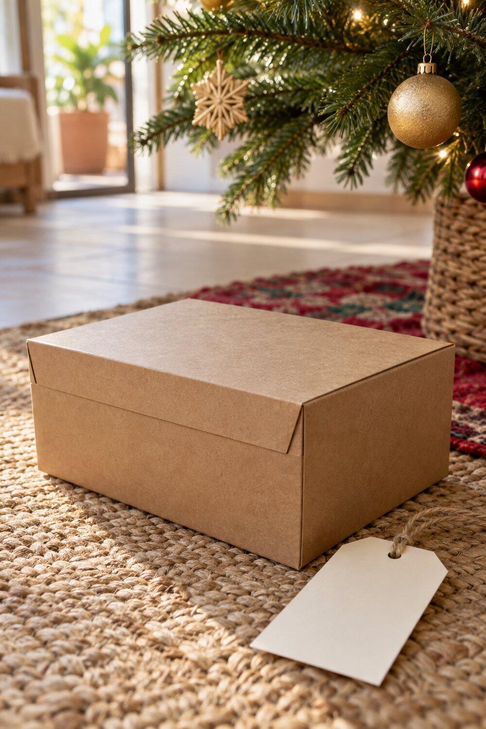 Caja rectangular de cartulina kraft con tapa integrada y etiqueta clara
