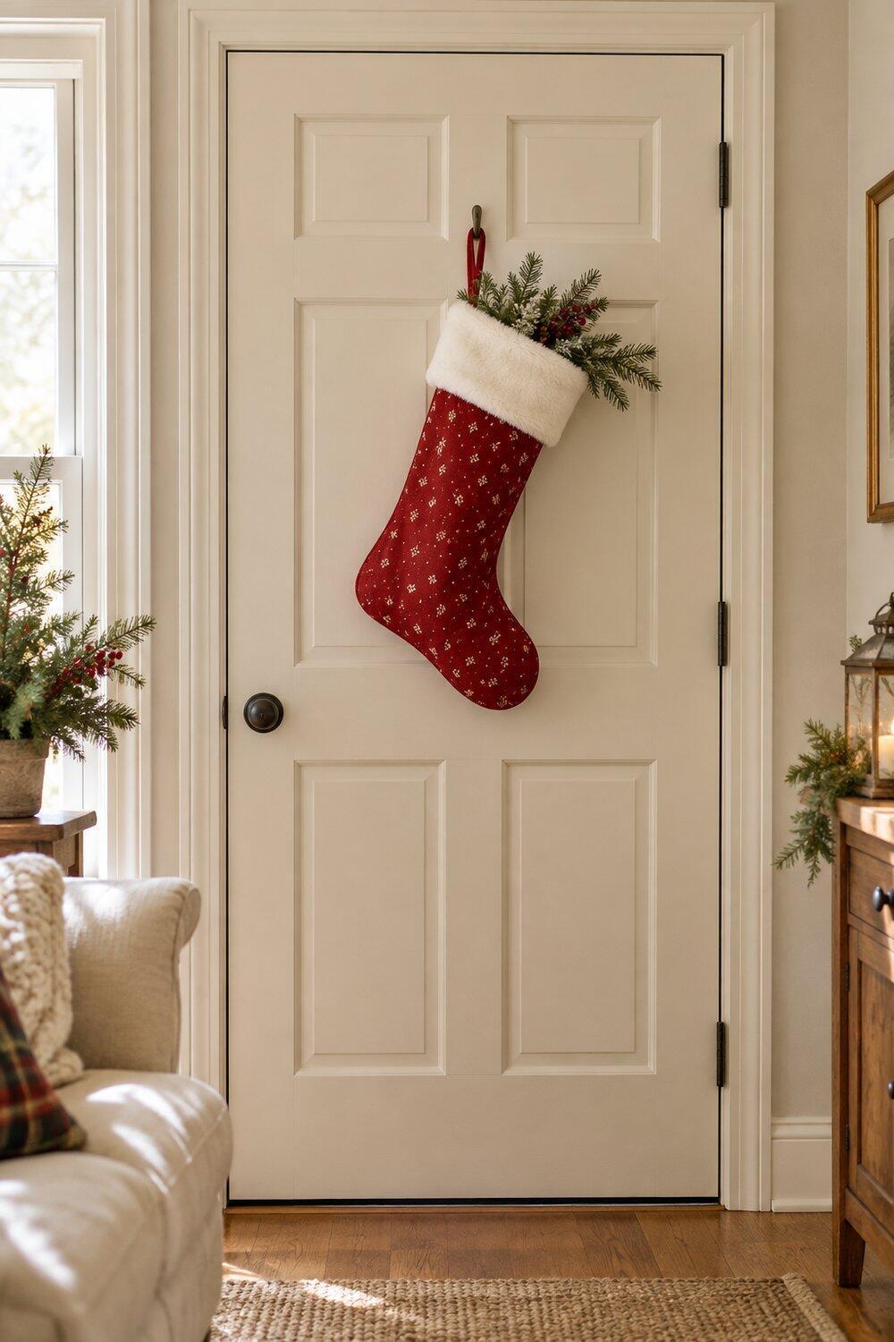 Calcet&iacute;n navide&ntilde;o rojo con pu&ntilde;o blanco y ramas en puerta interior