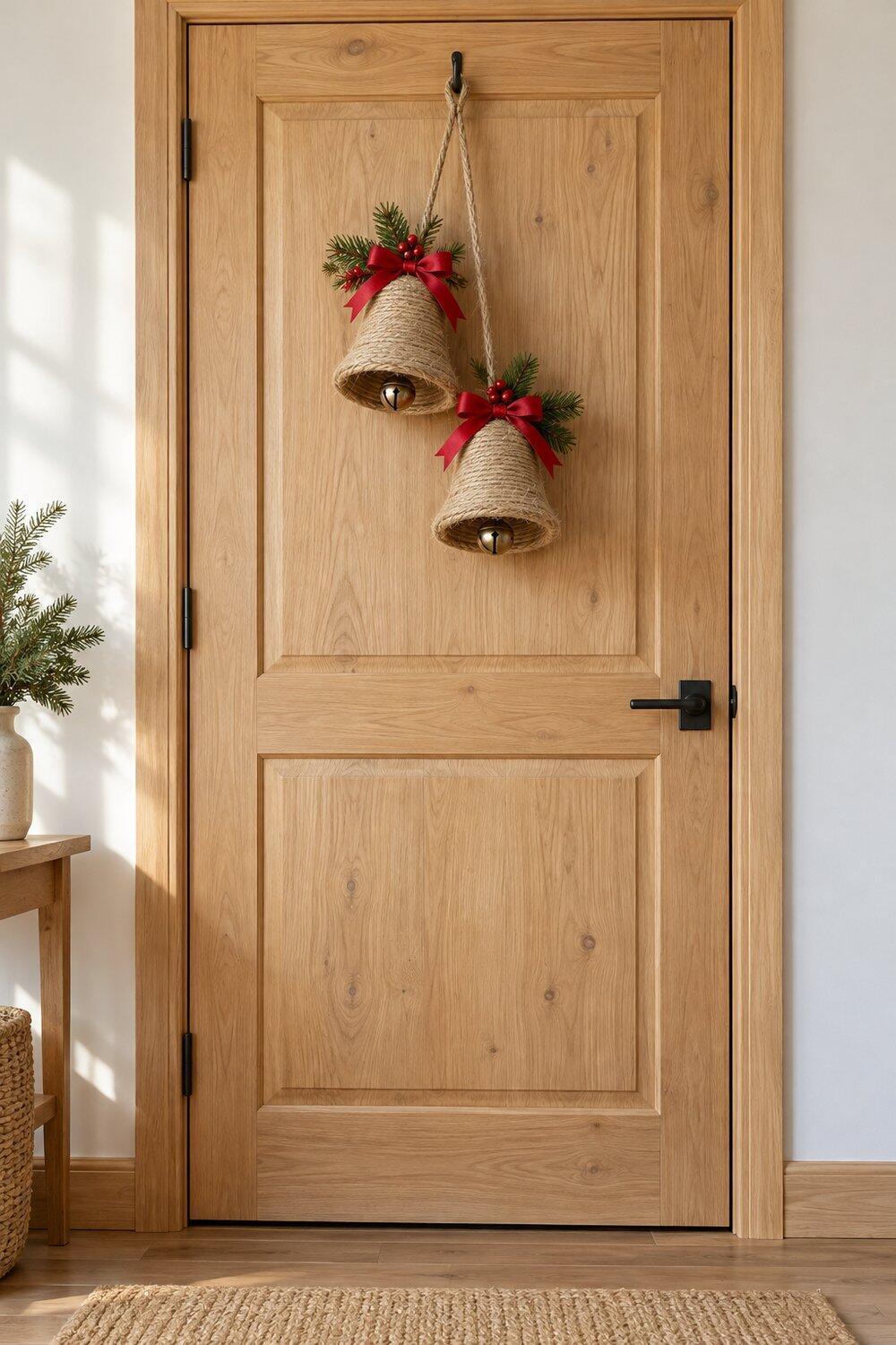 Campanas de cuerda con lazos rojos colgadas sobre una puerta interior