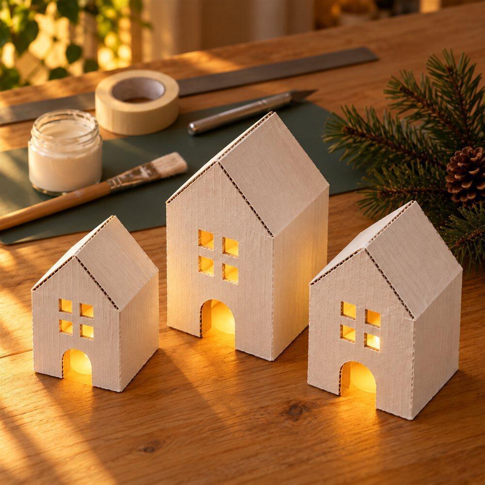 Casitas blancas terminadas con ventanas iluminadas por luces LED a pilas
