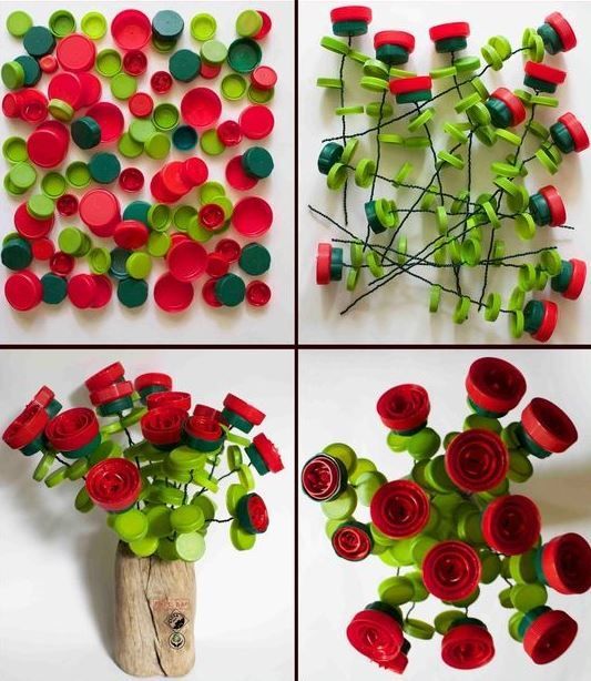 como hacer flores con tapas de botellas 1