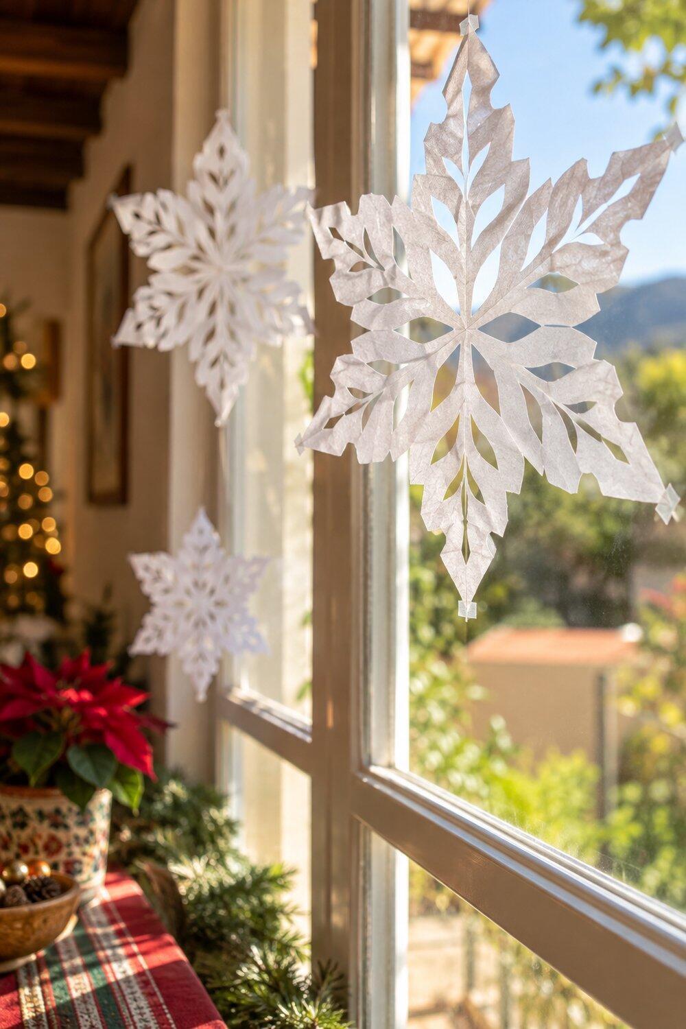 Copos blancos de papel recortado pegados sobre una ventana luminosa
