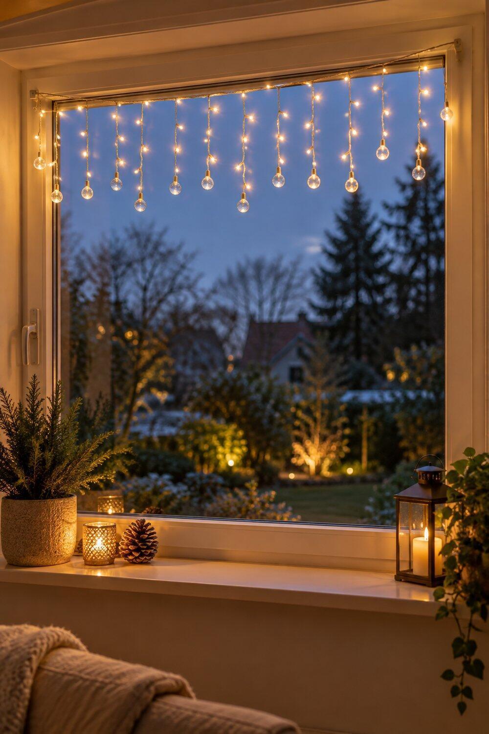Cortina de luces c&aacute;lidas colgada en la parte superior de una ventana