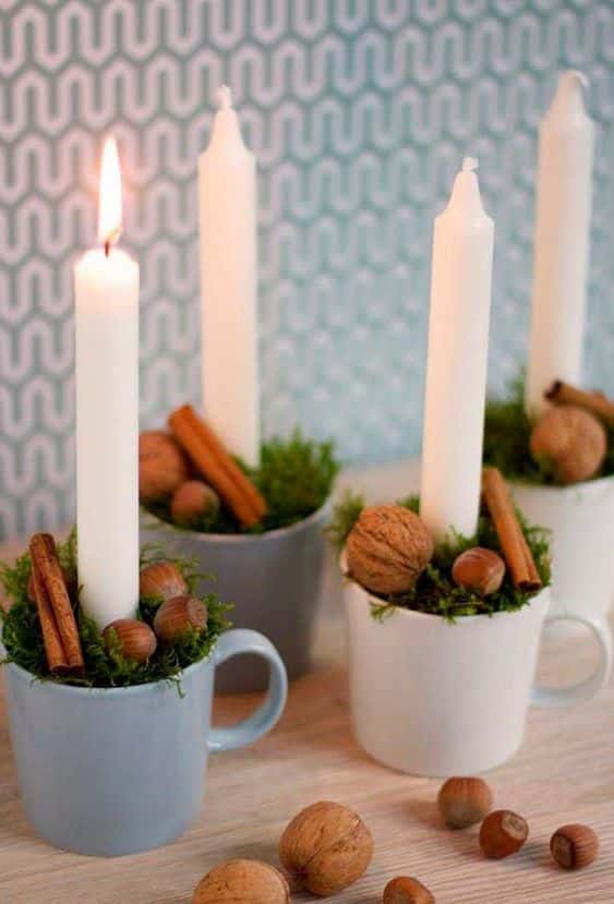 decoracion navidena con tazas velas