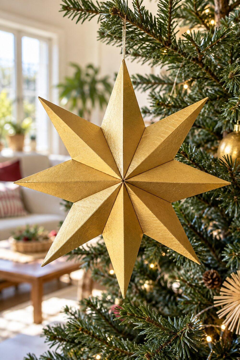 Estrella dorada de cartulina con puntas en relieve entre ramas navide&ntilde;as