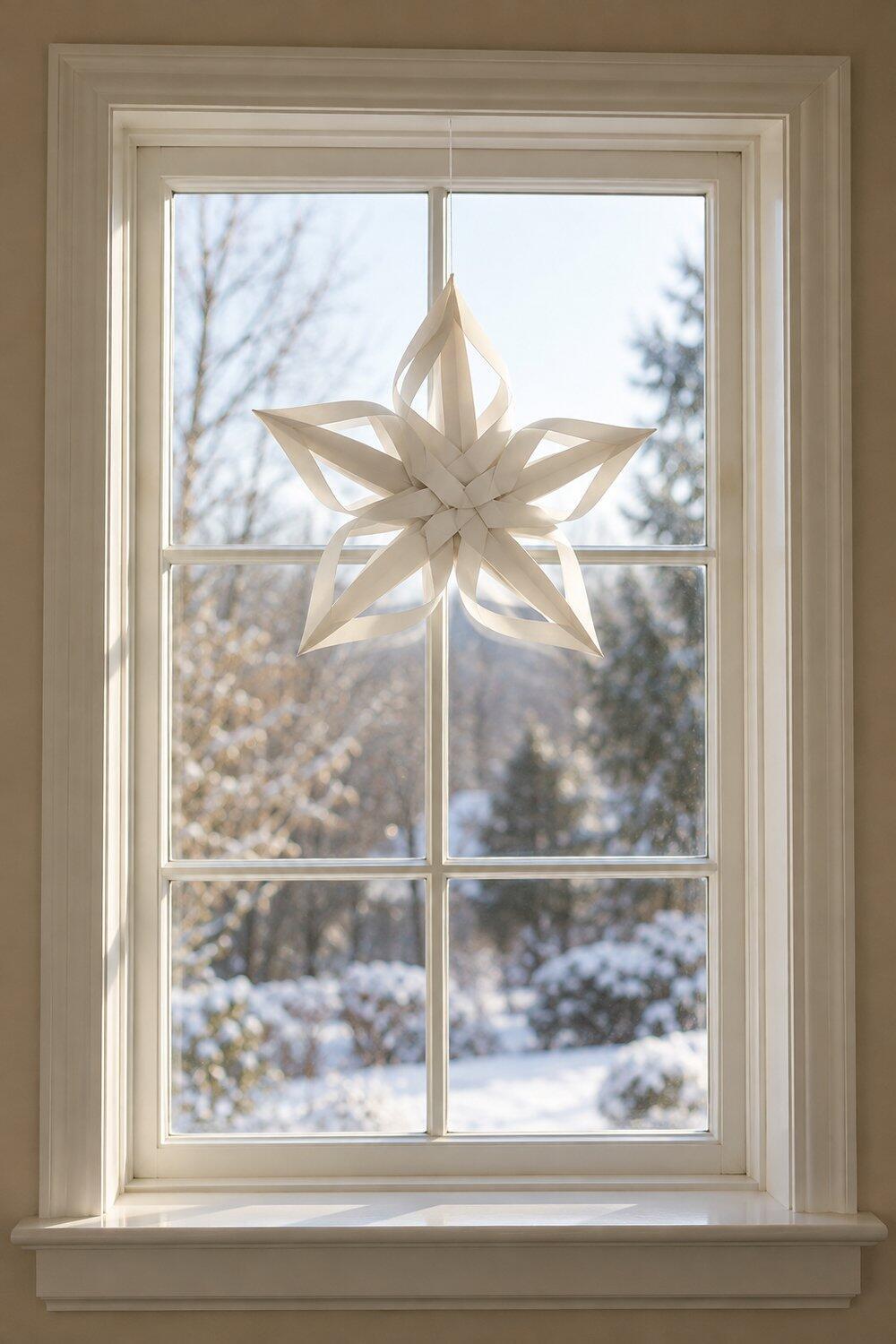 Estrella blanca de tiras entrelazadas suspendida ante una ventana luminosa