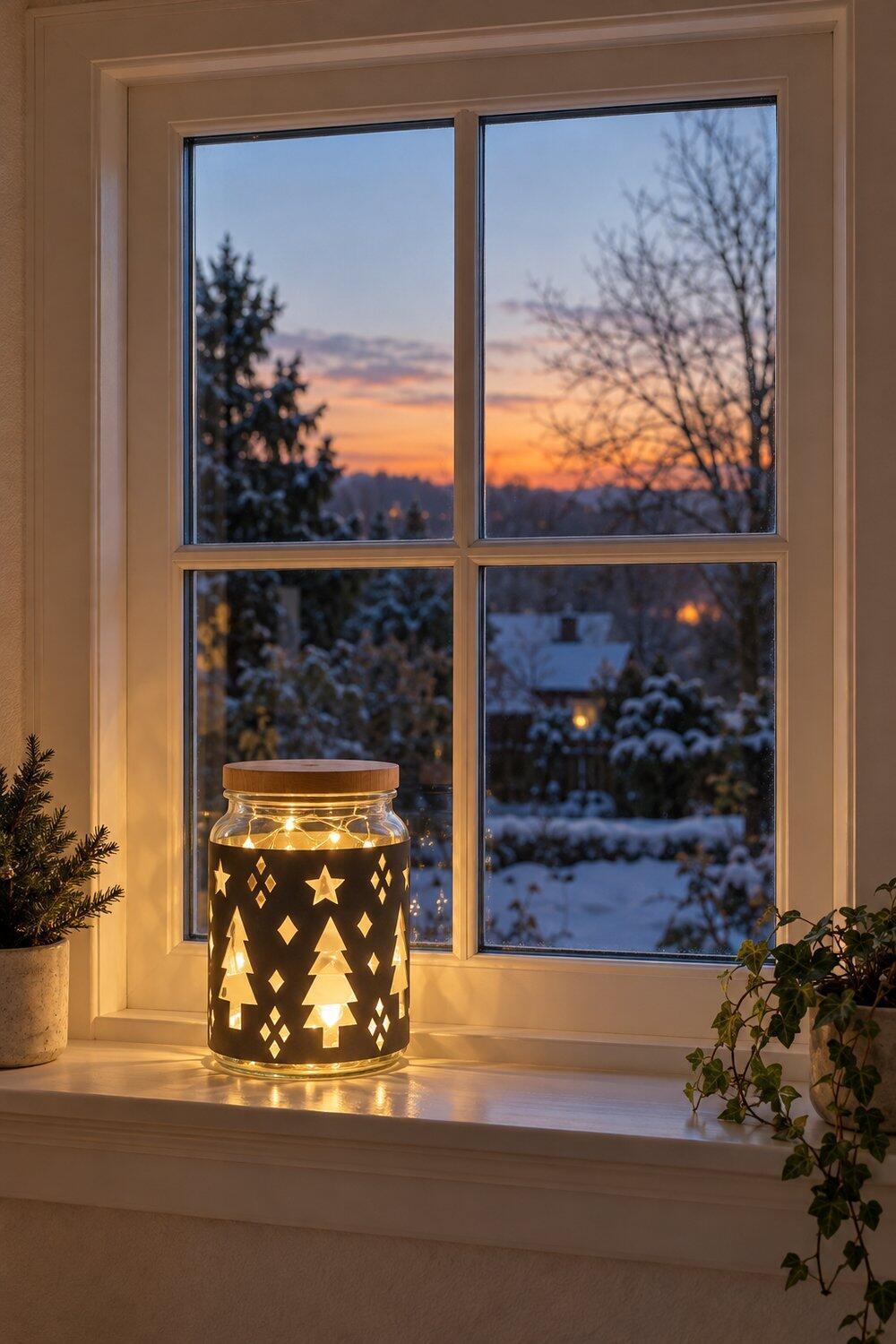 Farolillo de tarro con papel calado iluminado sobre el alf&eacute;izar de ventana