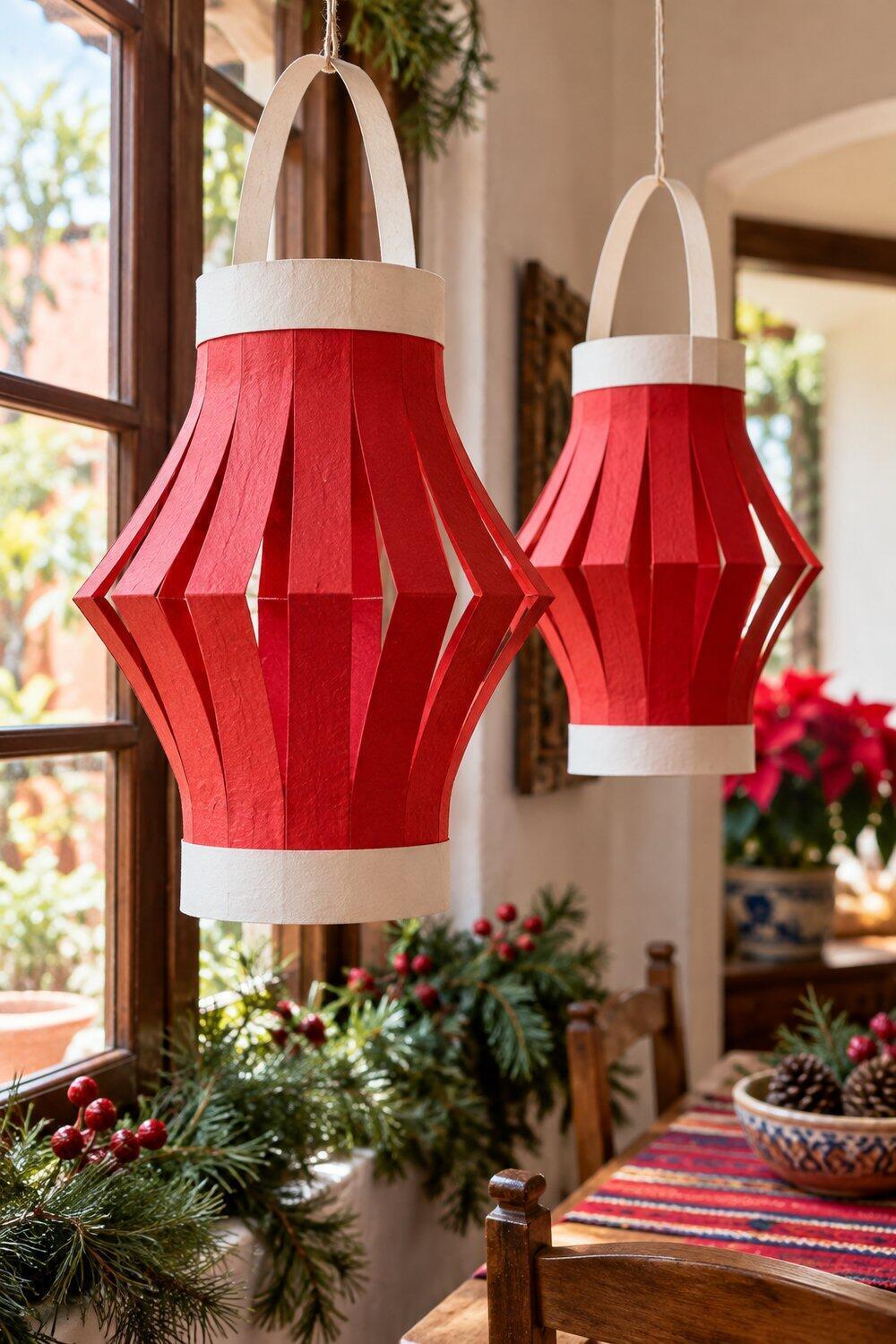 Farolitos rojos de papel con asas y bordes blancos junto a ventana
