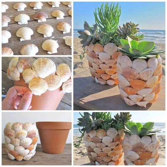 jarrones decorados con conchas marinas