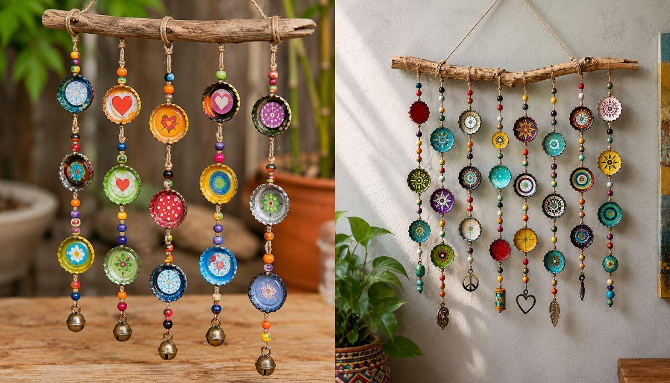 Móvil colorido hecho a mano con tapas de botellas: una idea DIY para decorar reciclando Móvil colorido hecho a mano con tapas de botellas: una idea DIY para decorar reciclando movil colorido hecho a mano con tapas de botellas