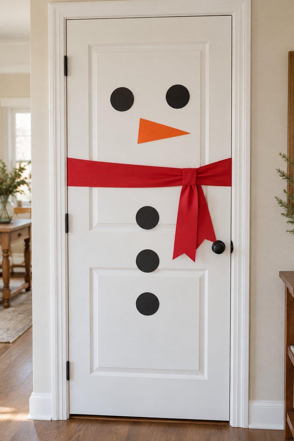 Puerta blanca con ojos negros y nariz naranja de mu&ntilde;eco navide&ntilde;o
