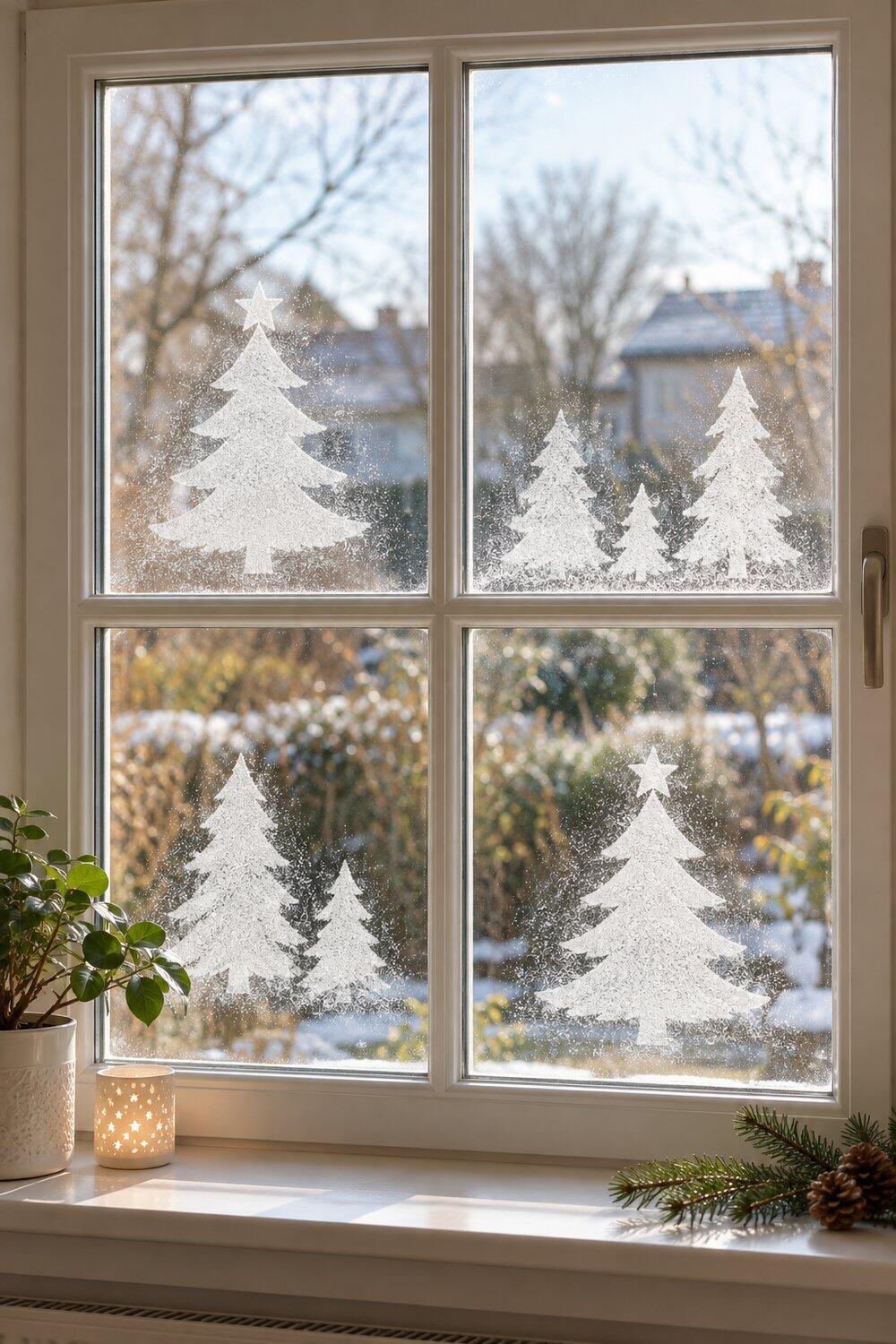 Motivos navide&ntilde;os blancos de nieve en espray sobre una ventana acristalada