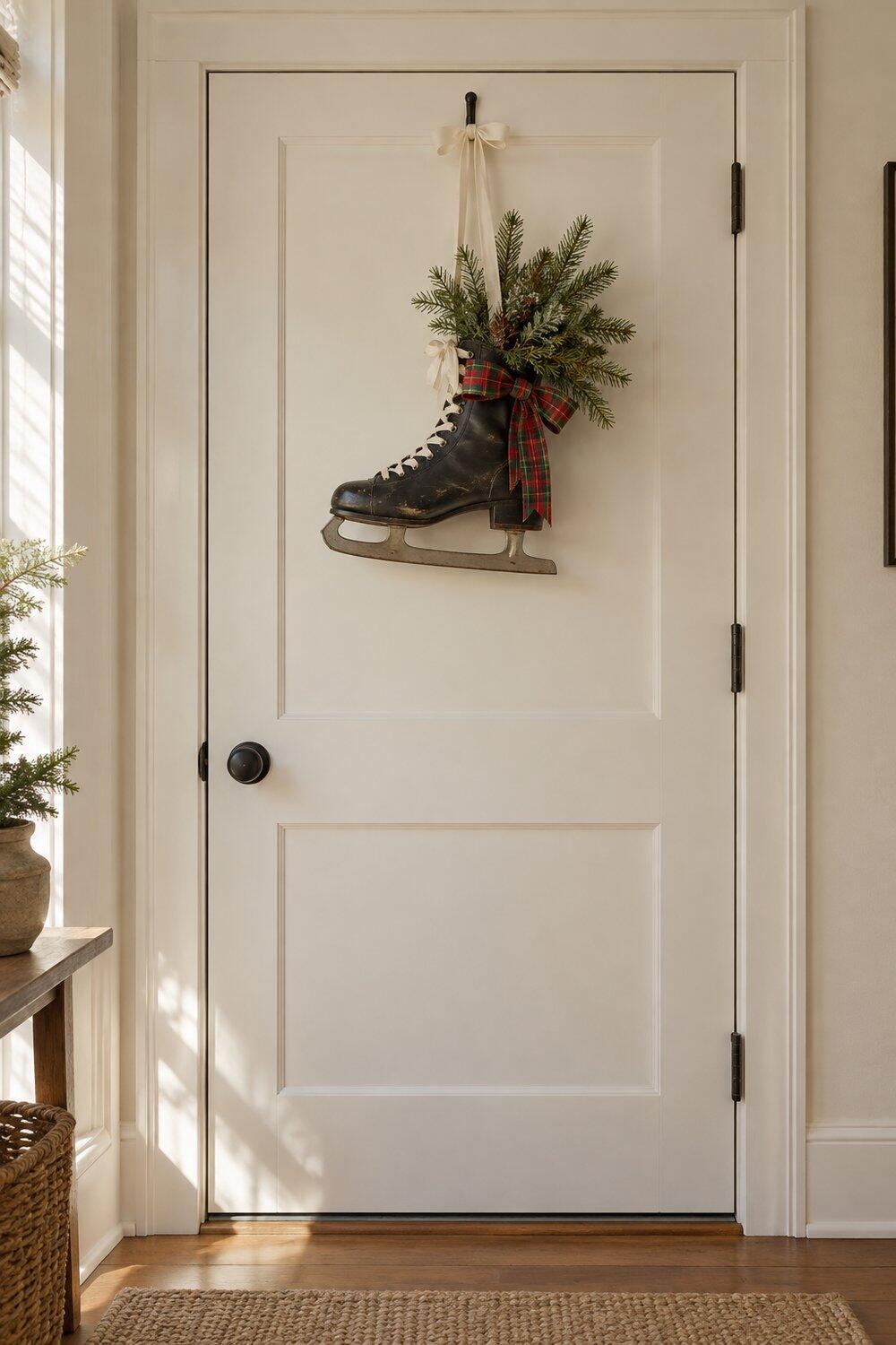 Pat&iacute;n negro antiguo con cintas y ramas navide&ntilde;as sobre puerta lisa