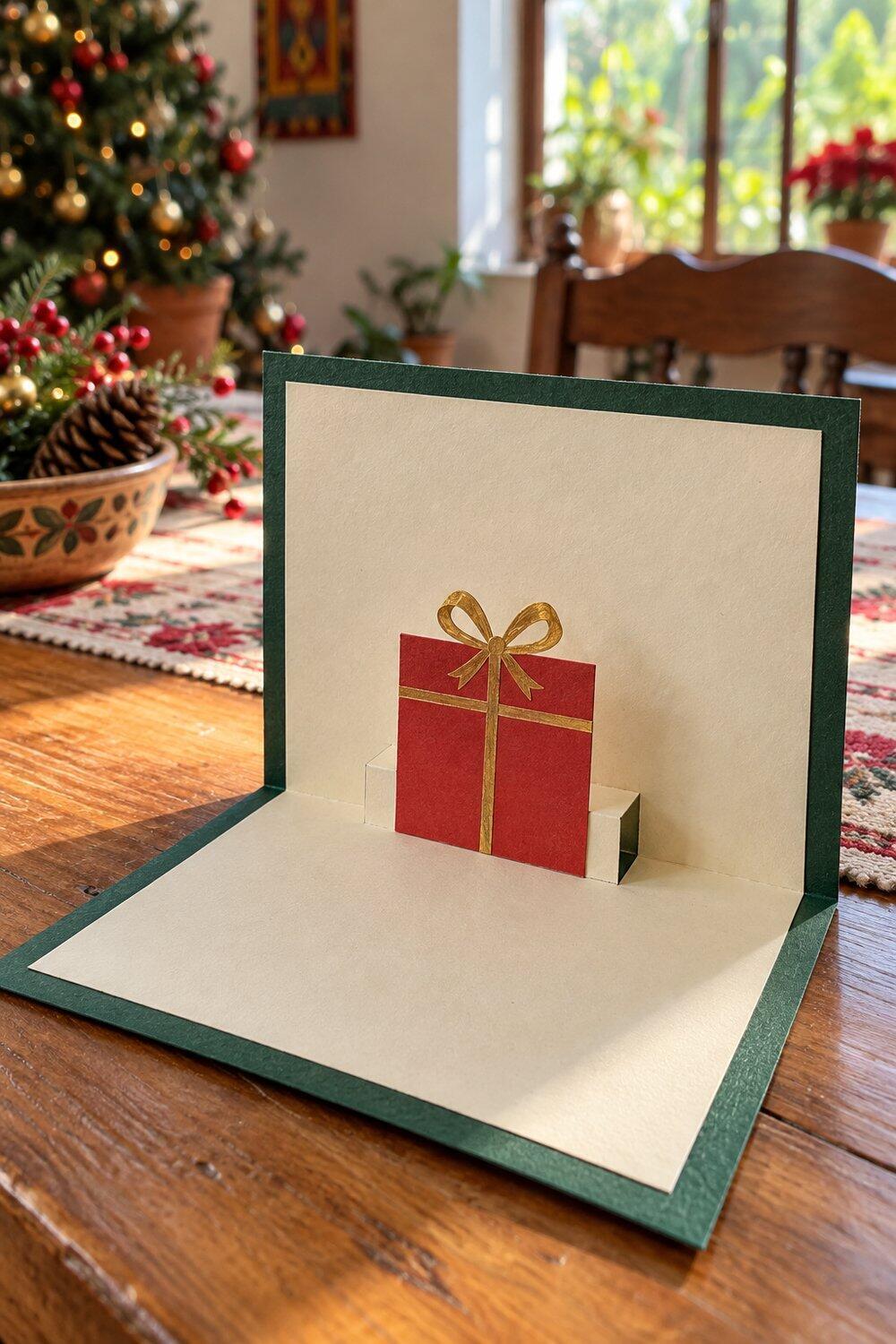 Tarjeta abierta con regalo de cartulina sobre un mecanismo de papel
